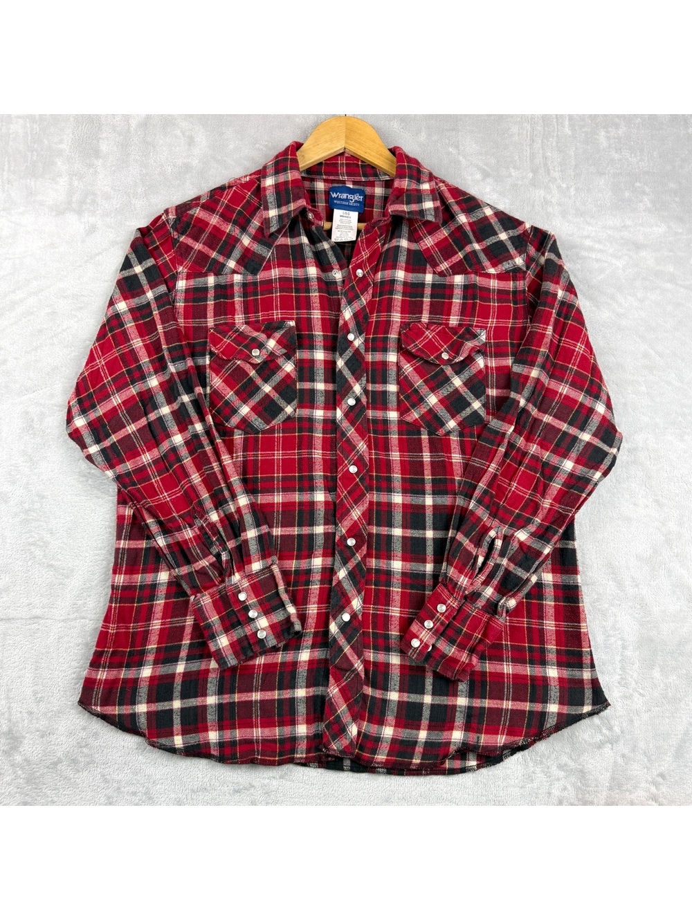VTG Wrangler Men L Red Black Plaid Flannel Western Pearl Snap Cowboy Ranch Shirt